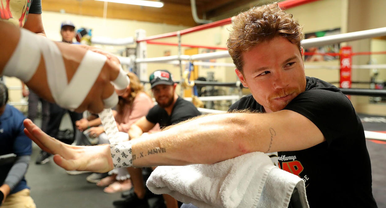 The “stacking” method of hand-wrapping used by Canelo Alvarez, which is only allowed in Nevada and Texas, has drawn the ire of Gennady Golovkin’s trainer Abel Sanchez. (Photo courtesy Golden Boy Promotions)