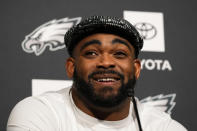 Philadelphia Eagles' Brandon Graham smiles while speaking during a news conference at the NFL football team's training facility, Thursday, Feb. 2, 2023, in Philadelphia. The Eagles are scheduled to play the Kansas City Chiefs in Super Bowl LVII on Sunday, Feb. 12, 2023. (AP Photo/Matt Slocum)