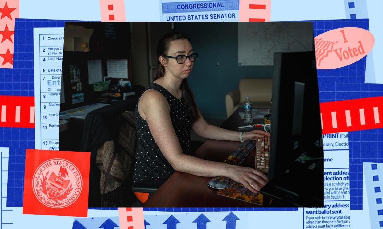 <span>Emily Cook, acting director of elections, prepares to print ballots in her office in the Luzerne county elections office in Wilkes-Barre, Pennsylvania, on 19 March 2024.</span><span>Illustration: Javier Palma/Hannah Yoon/The Guardian</span>