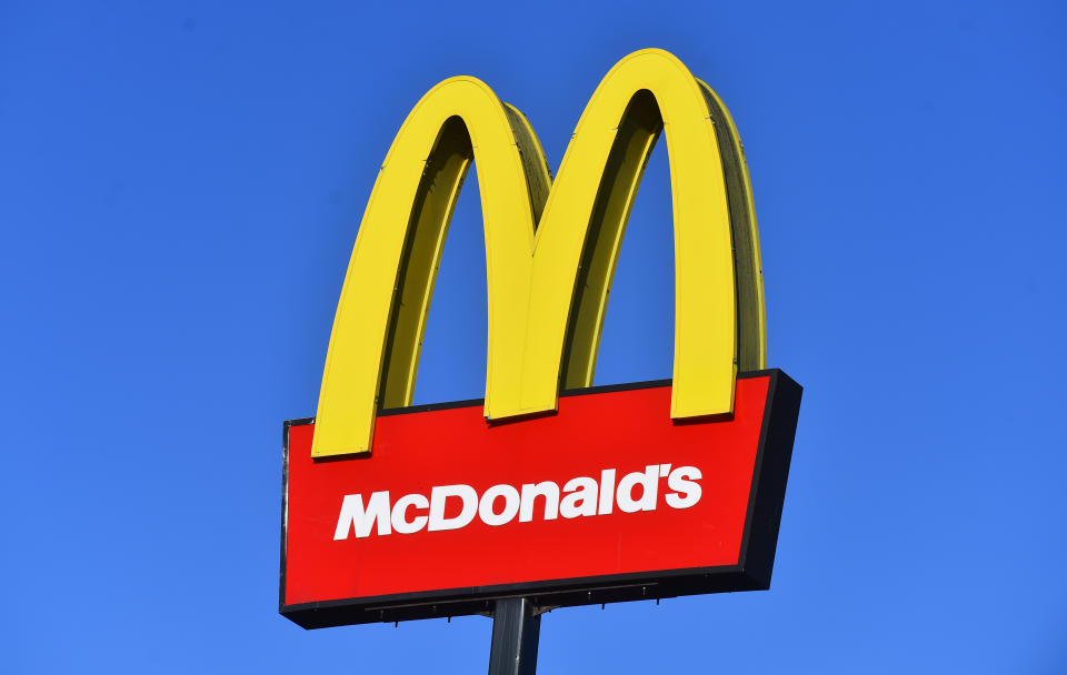 STOKE-ON-TRENT- NOVEMBER 13:  The American fast food company, McDonalds logo is seen outside one of its stores on November 13, 2020 in Stoke-on-Trent, Staffordshire . (Photo by Nathan Stirk/Getty Images)