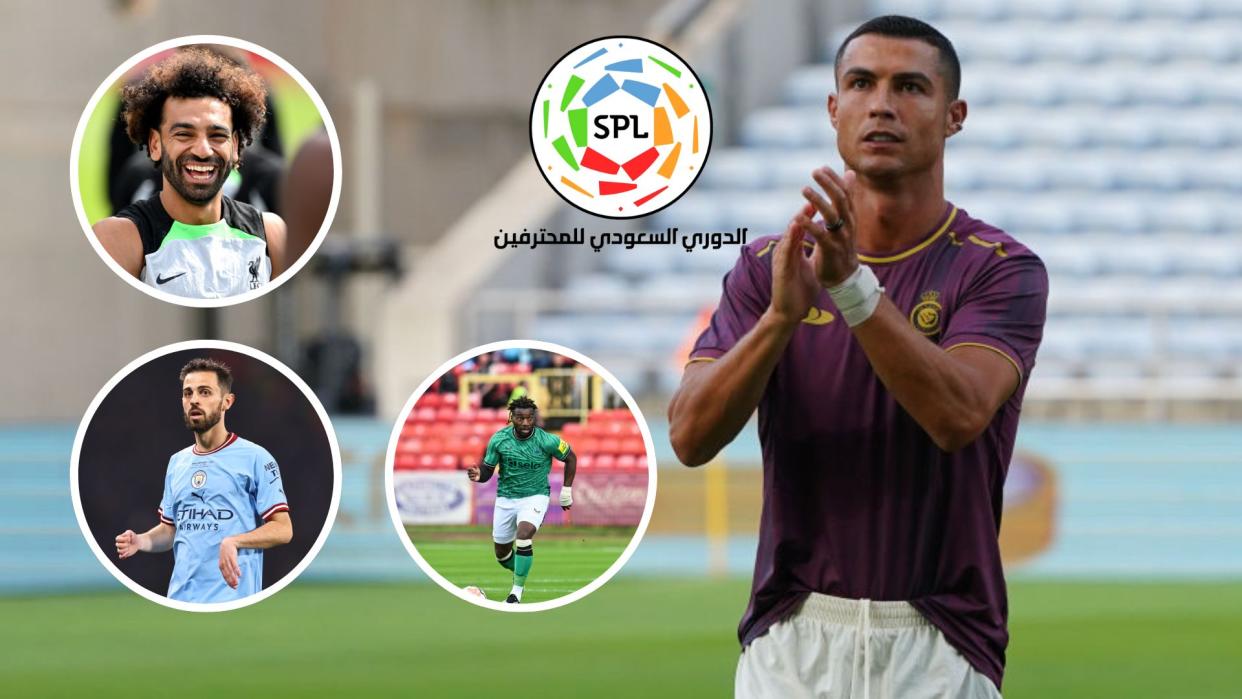  Premier League players linked with Saudi Pro League Cristiano Ronaldo clapping as Bernardo Silva Mo Salah and Allan Saint-Maximin play football 