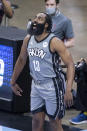 Brooklyn Nets guard James Harden (13) warms up before the first half of an NBA basketball game against the Houston Rockets Wednesday, March 3, 2021, in Houston. (Mark Mulligan/Houston Chronicle via AP)