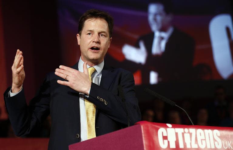 Leader of the Liberal Democrats party Nick Clegg speaks during a pre-UK general election event hosted by Citizens UK in London, on May 4, 2015