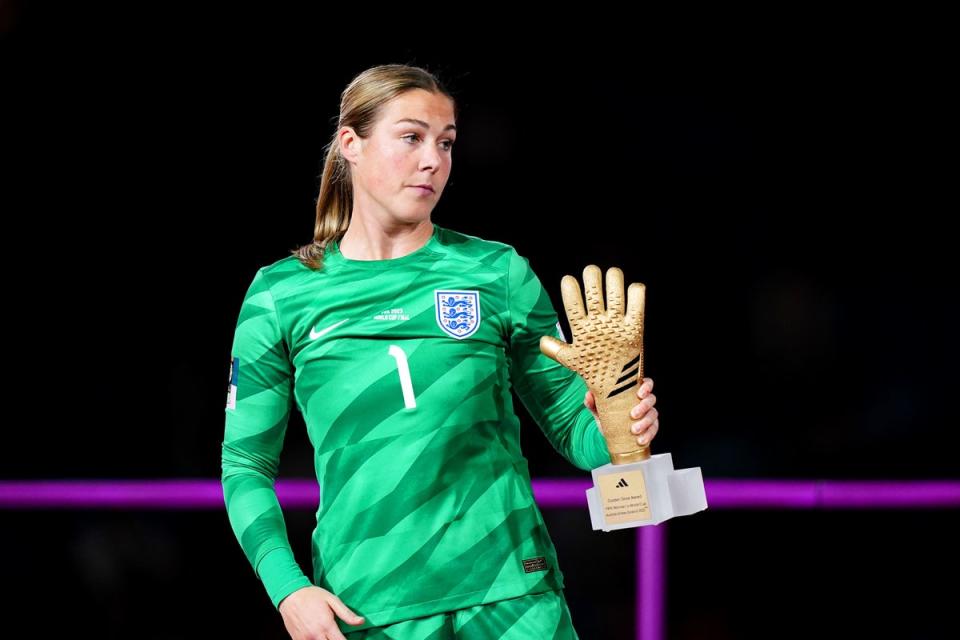 England goalkeeper Mary Earps collects her Golden Glove award (Zac Goodwin/PA) (PA Wire)
