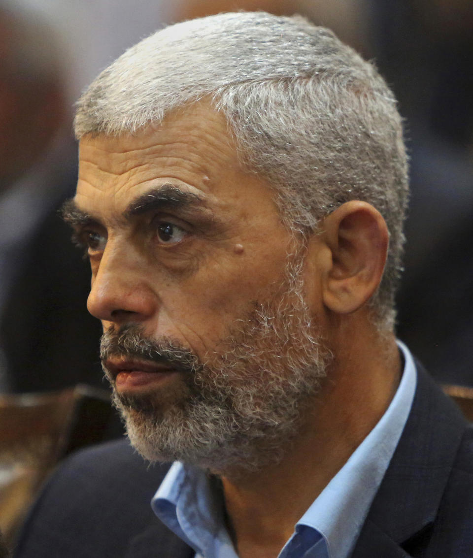 FILE - In this May 1, 2017 file photo, Yehiyeh Sinwar, a top Hamas official in Gaza gives a news conference in Gaza City. On Wednesday, Nov. 21, 2018, Yoav Gallant, a senior Israeli Cabinet minister threatened to kill Sinwar. Speaking at the Jerusalem Post Diplomatic Conference, Gallant said Wednesday that "Yehiyeh Sinwar's time is limited" and "he will not end his life in an old folks' home." He vowed there would be another Israeli campaign in Gaza and said Sinwar better "recalculate his route." (AP Photo/Adel Hana, File)