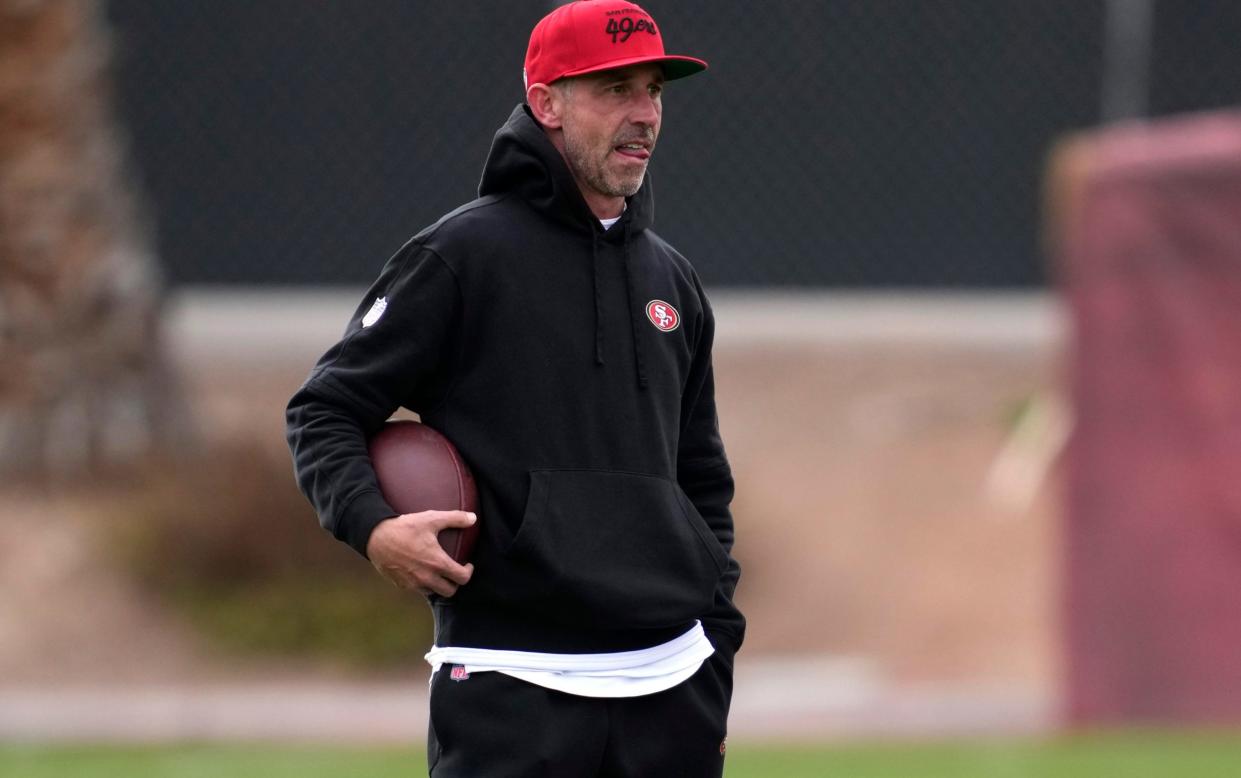 San Francisco 49ers head coach Kyle Shanahan watches during a practice ahead of Super Bowl 58