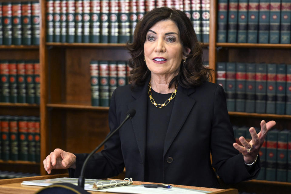 FILE - New York Gov. Kathy Hochul speaks to reporters, June 7, 2023, in Albany, N.Y. Hochul arrived in Israel on Wednesday, Oct. 18, to begin a trip intended to show support for the country during its war with Hamas. (AP Photo/Hans Pennink, File)