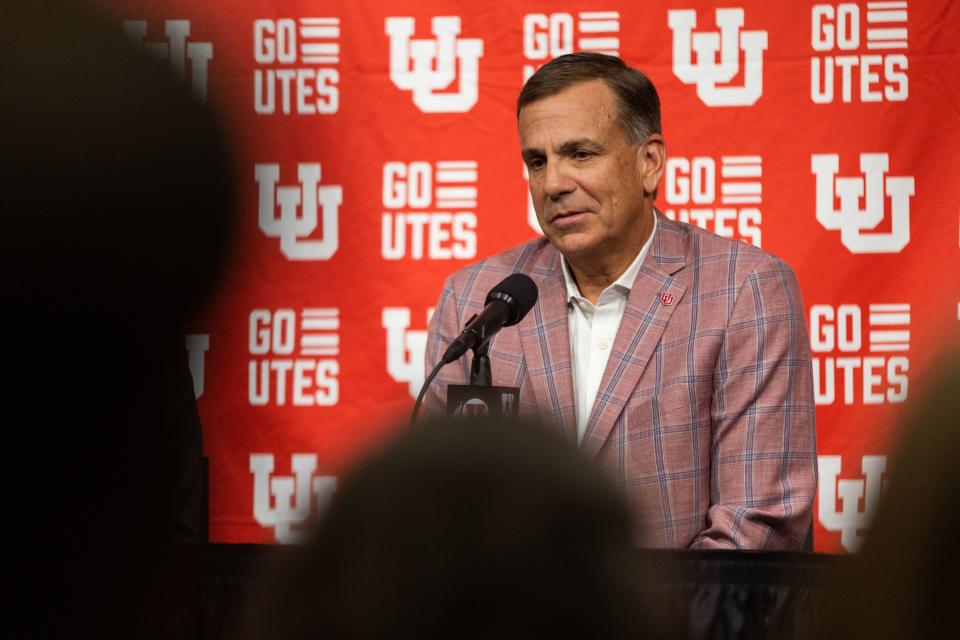Utah athletic director Mark Harlan speaks at a press conference regarding the University of Utah’s move to the Big 12 Conference at Rice-Eccles Stadium in Salt Lake City on Monday, Aug. 7, 2023. | Megan Nielsen, Deseret News