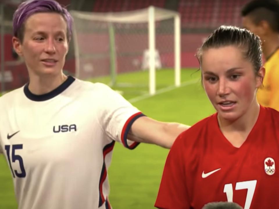 Megan Rapinoe crashes Jessie Fleming's post-match interview.