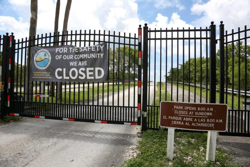 A general view of an entrance to Oleta River State Park in North Miami as the park remained closed during the first day of Memorial Day Weekend, Saturday, May, 23, 2020.