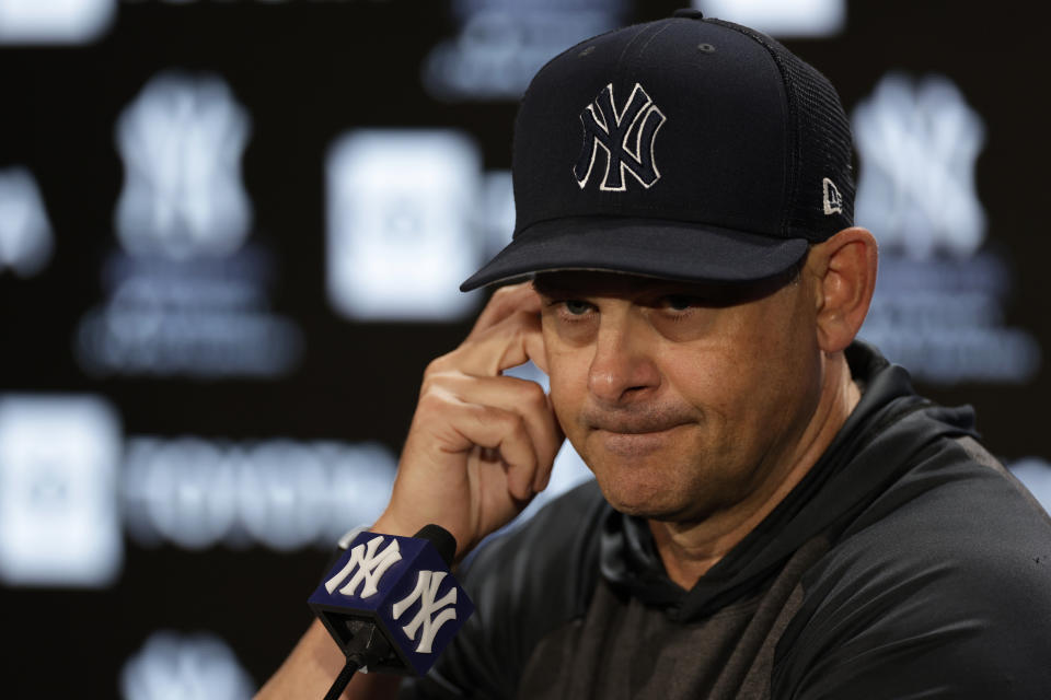 New York Yankees manager Aaron Boone speaks to reporters on Thursday, April 7, 2022, in New York. The Yankees will face the Boston Red Sox in a baseball game on Friday. (AP Photo/Adam Hunger)