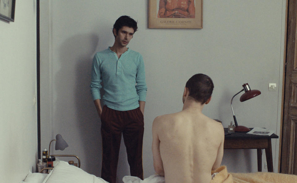 This image released by Mubi shows Ben Whishaw, left, and Franz Rogowski in a scene from "Passages." (Mubi via AP)