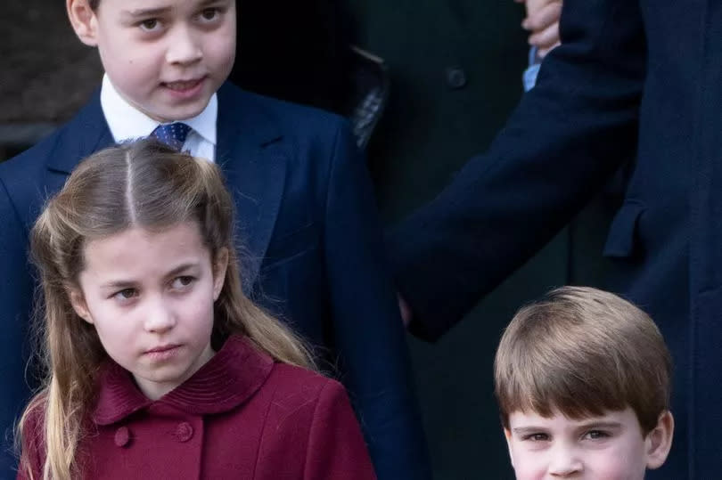 Prince George of Wales, Prince Louis of Wales and Princess Charlotte of Wales attends the Christmas Day service at St Mary Magdalene Church on December 25, 2022 in Sandringham, Norfolk.
