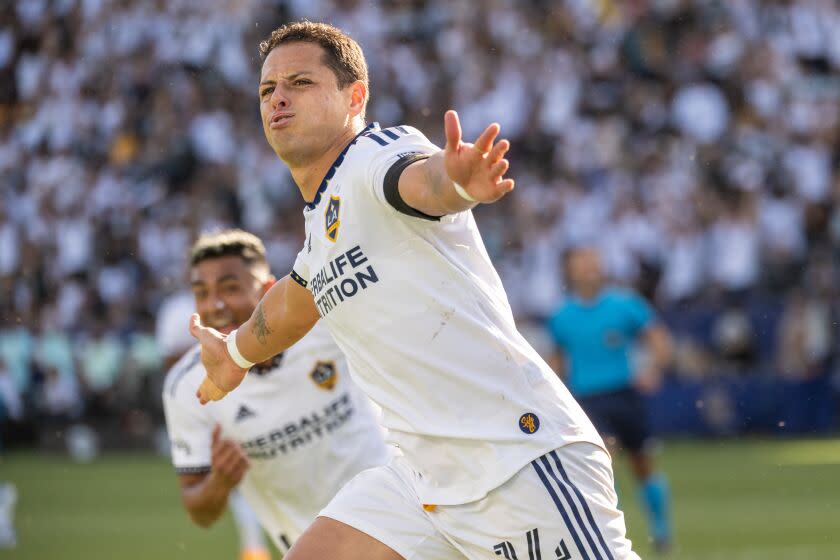 Javier "Chicharito" Hernández stretches out his arms and runs on the pitch, celebrating after scoring