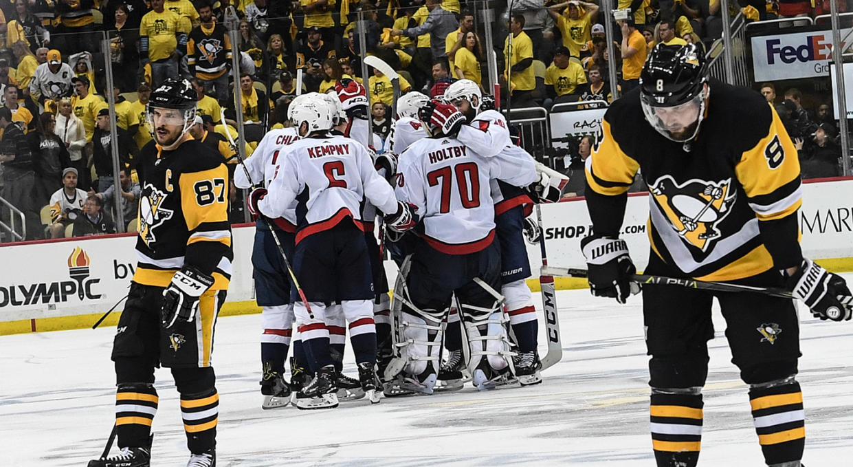 Don’t adjust your screen: That is indeed the Capitals celebrating a series win over the Penguins. (Getty)