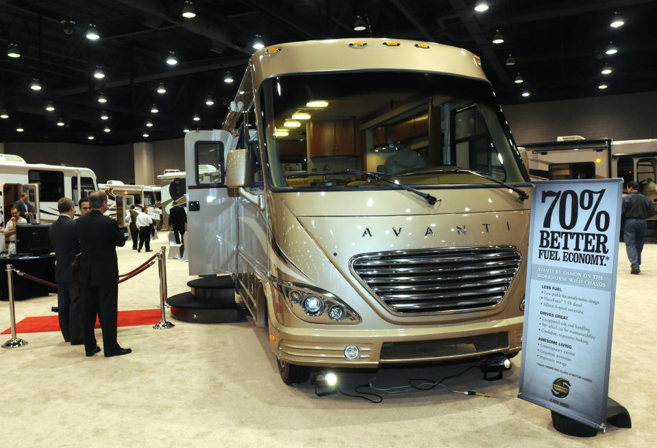 Damon Motor Coach, a subsidiary of Thor Industries, Inc., displayed it's new Avanti, a 31.5-foot-long, Class A motor home expected to get 14.5 miles per gallon Tuesday, Dec. 2, 2008, at the Recreational Vehicle Industry Association's 46th Annual National RV Trade Show in Louisville, Ky. (AP Photo/Brian Bohannon)