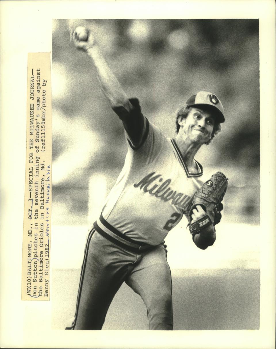 Don Sutton throws a pitch in the seventh inning of the battle against Baltimore on Oct. 3, 1982.