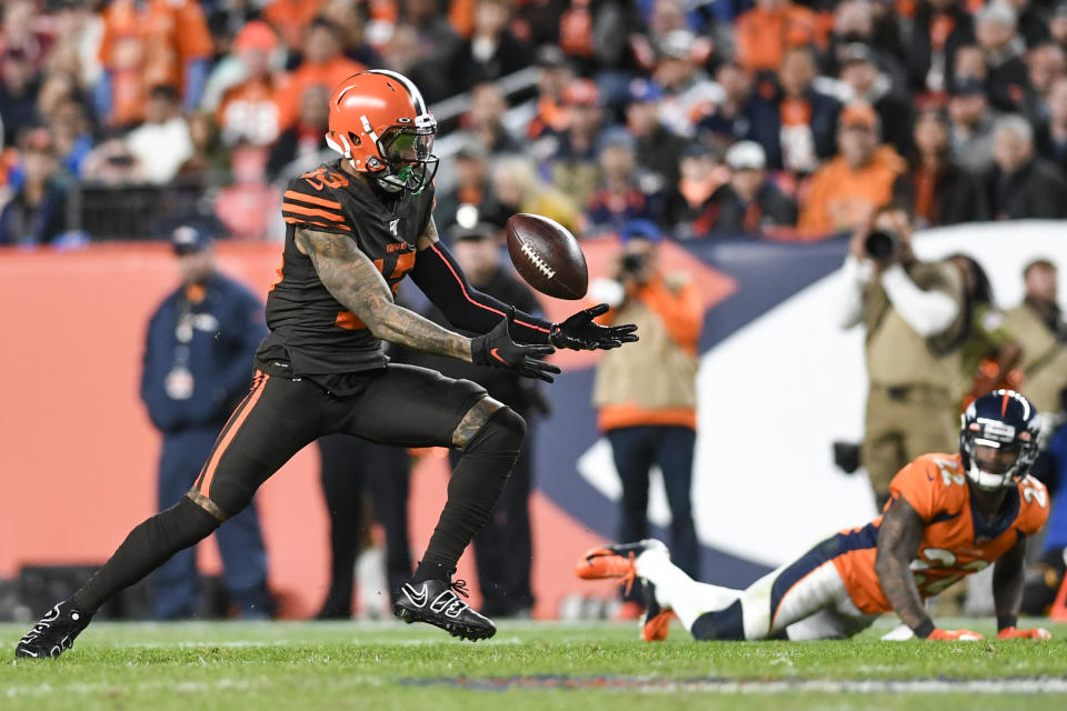 DENVER, CO - NOVEMBER 3: Odell Beckham (13) of the Cleveland Browns wrangles a pass that came out of his grasp momentarily against the Denver Broncos during the fourth quarter of Denver's 24-19 win on Sunday, November 3, 2019. (Photo by AAron Ontiveroz/MediaNews Group/The Denver Post via Getty Images)