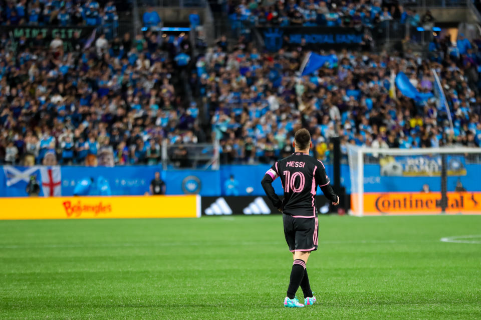 CHARLOTTE, NC - OCTOBER 21: Lionel Messi #10 of Inter Miami walks down the pitch during a soccer match against the Charlotte FC at Bank of America Stadium in Charlotte, North Carolina on Oct 21, 2023.  (Photo by David Jensen/Icon Sportswire via Getty Images)