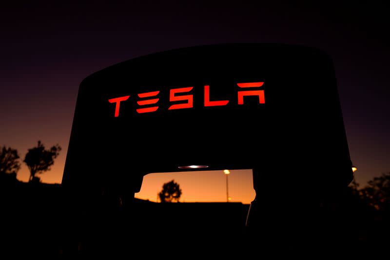 FILE PHOTO: A Tesla supercharger is shown at a charging station in Santa Clarita, California