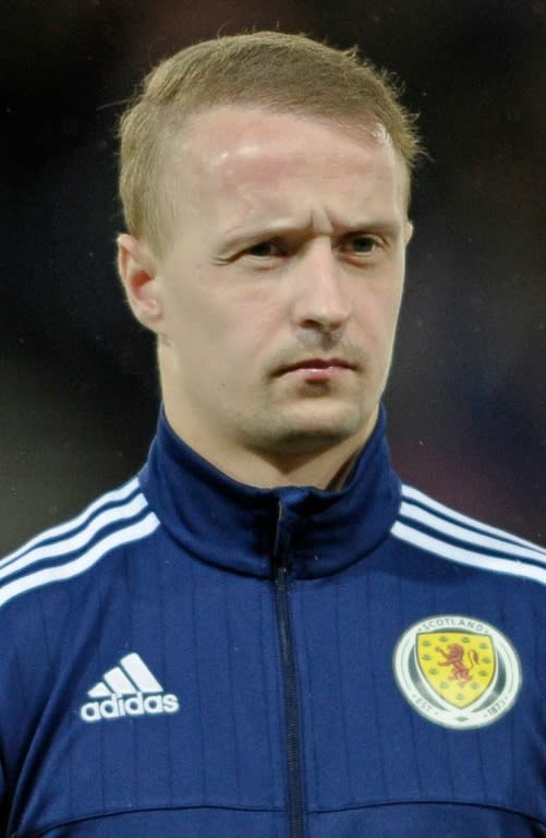Scotland's striker Leigh Griffiths stands during the national anthems at the start of the international friendly football match between Scotland and Denmark at Hampden Park in Glasgow on March 29, 2016