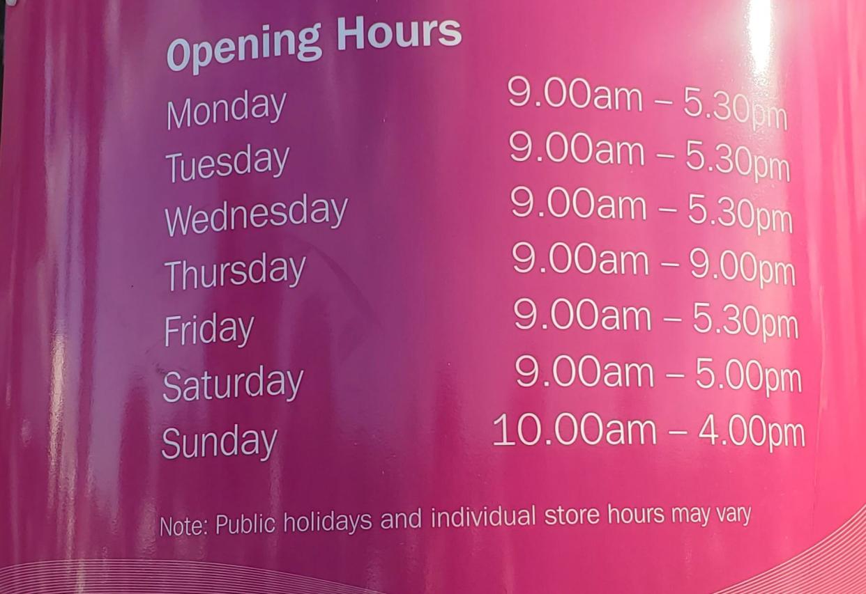 Photo of shop hours, 9-5:30 most days