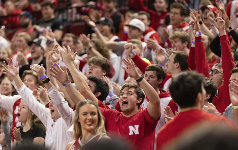 Fans in the Nebraska student section cheer as time runs out during their win over Penn State in an NCAA college basketball game Sunday, Feb. 5, 2023, in Lincoln, Neb. (AP Photo/Rebecca S. Gratz)