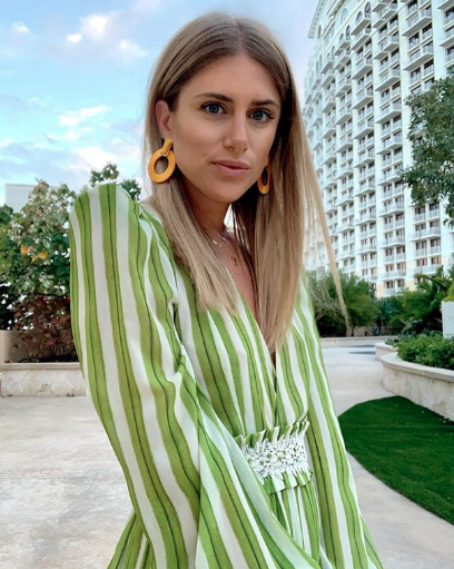 Instagram personality Marissa Casey Grossman poses in green pinstripes in an Instagram post and has found herself in hot water over a touching tribute that doubled as a swimwear plug. Photo: Instagram/fashionambitionist 