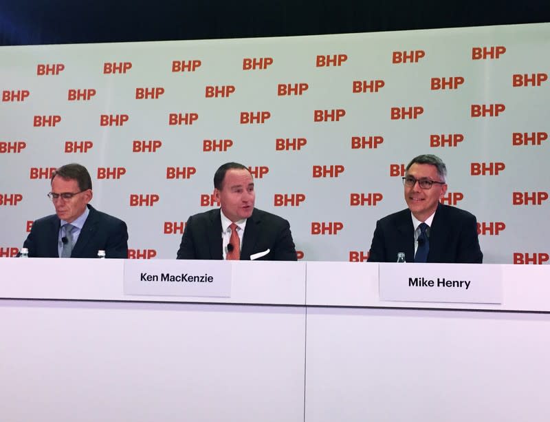 BHP's top leadership announce the appointment of Mike Henry as its new Chief Executive from January 1, 2020, at a news conference at BHP's Melbourne headquarters