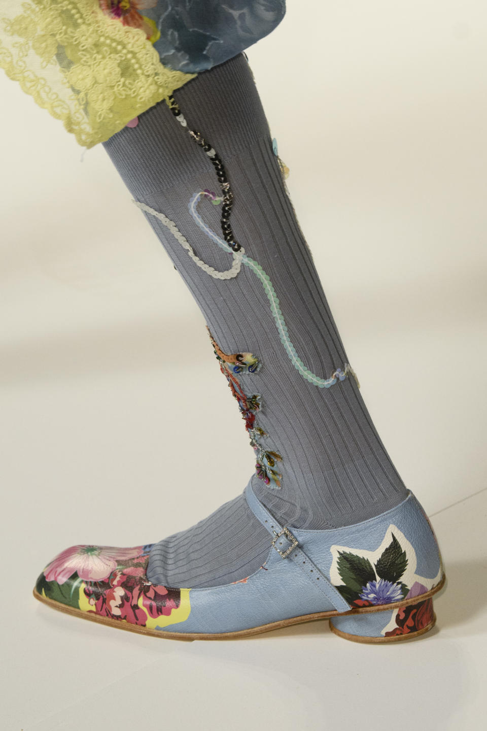 <p><i>Floral-print Mary Jane flats from the SS18 Preen collection. (Photo: ImaxTree) </i></p>