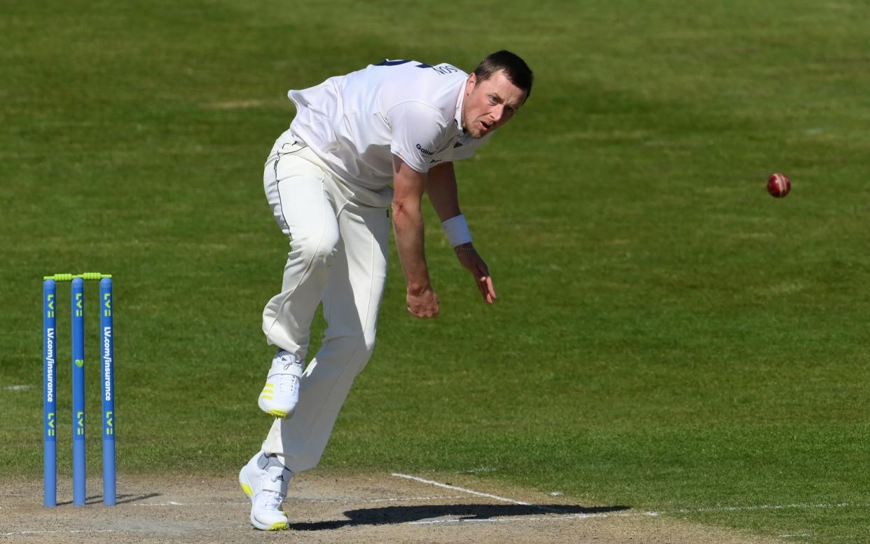 Ollie Robinson of Sussex in action during day 2 of the LV= Insurance County Championship match between Sussex and Yorkshire at The 1st Central County Ground on April 23, 2021 in Hove, England. Sporting stadiums around the UK remain under strict restrictions due to the Coronavirus Pandemic as Government social distancing laws prohibit fans inside venues resulting in games being played behind closed door - Mike Hewitt/Getty Images