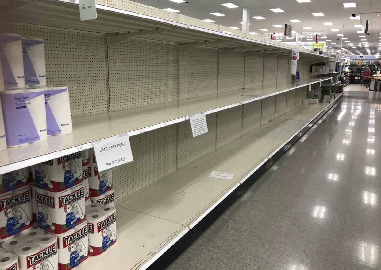 <span class="caption">A Target in Sheridan, Colorado, was very low on paper towels in November 2020. </span> <span class="attribution"><a class="link " href="https://newsroom.ap.org/detail/VirusOutbreakColoradoShortages/844754977c8c4b00b15fe13b8333b07c/photo?Query=shortage%20AND%20store&mediaType=photo&sortBy=arrivaldatetime:desc&dateRange=Anytime&totalCount=174&currentItemNo=10" rel="nofollow noopener" target="_blank" data-ylk="slk:AP Photo/David Zalubowski;elm:context_link;itc:0;sec:content-canvas">AP Photo/David Zalubowski</a></span>