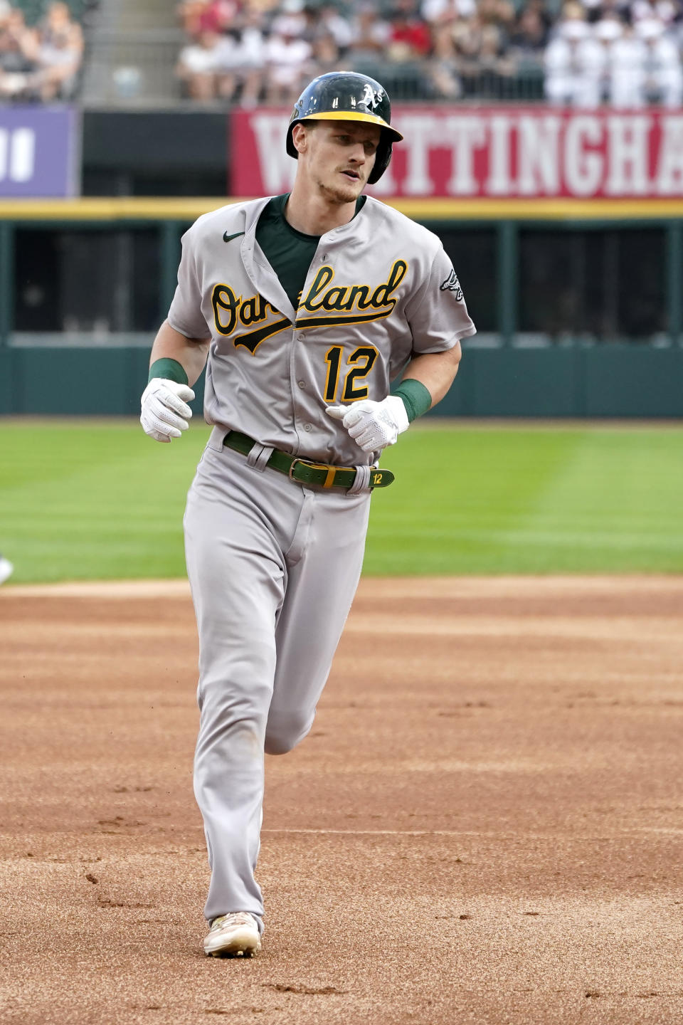 Oakland Athletics' Sean Murphy rounds the bases after his home run off Chicago White Sox starting pitcher Johnny Cueto during the first inning of a baseball game Saturday, July 30, 2022, in Chicago. (AP Photo/Charles Rex Arbogast)