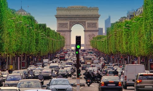 <span class="caption">A stretch of the Champs-Élysées around the Arc de Triomphe in Paris is due to be pedestrianised by 2030.</span> <span class="attribution"><a class="link " href="https://www.shutterstock.com/image-photo/traffic-jam-cars-paris-city-france-1028874577" rel="nofollow noopener" target="_blank" data-ylk="slk:Shutterstock;elm:context_link;itc:0;sec:content-canvas">Shutterstock</a></span>