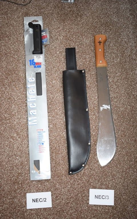 Photo of machetes shown to jurors at Birmingham Crown Court, found during police searches of Adam Thomas and Claudia Patatas. - Credit:  West Midlands Police/PA