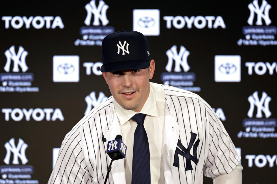 New York Yankees' Carlos Rodon speaks during his introductory baseball news conference at Yankee Stadium, Thursday, Dec. 22, 2022, in New York. (AP Photo/Adam Hunger)