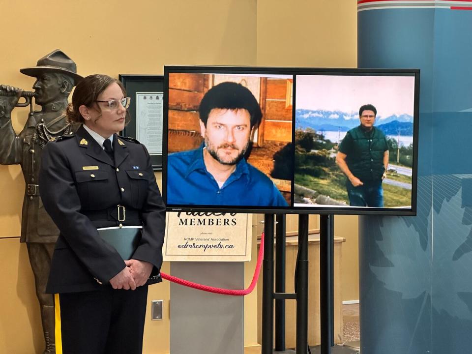 RCMP Insp. Breanna Brown with images of Gary Allen Srery. Police say Srery, who died in 2011, was responsible for the deaths of four young victims in Calgary in the 1970s.
