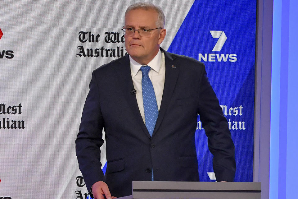 Australian Prime Minister Scott Morrison reacts during the leaders' debate with Australian Opposition Leader Anthony Albanese in Sydney, Australia, on May 11, 2022. In at least one sense, Scott Morrison has become the most successful Australian prime minister in years just by standing for reelection on Saturday, May 21.(Mick Tsikas/Pool Photo via AP)