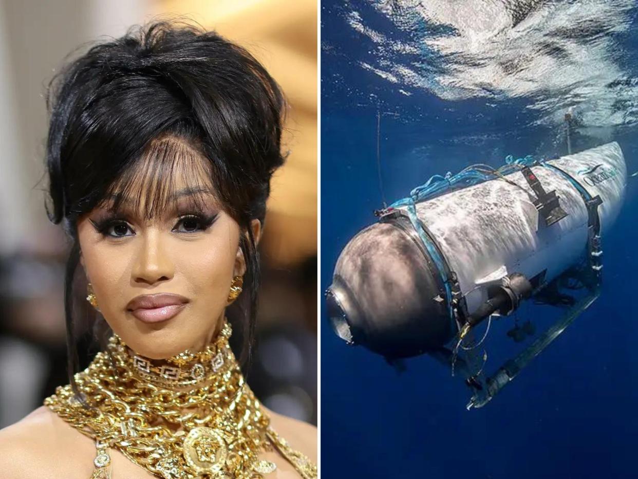 left: cardi b wearing a golden outfit shown with many gold chains around her neck, and her hair styled straight and in an updo; right: the titan submersible, a small sub underwater