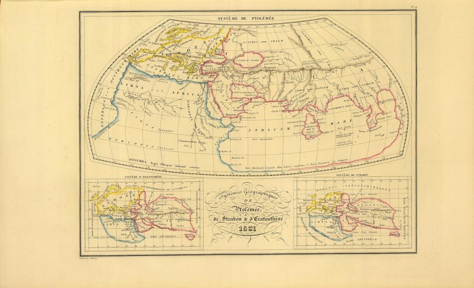 ‘Los sistemas geográficos de Ptolomeo, Estrabón y Eratóstenes’, una sola lámina con tres mapas en recuadro del mundo conocido según tres antiguos geógrafos griegos, Mapa 4 del ‘Atlas Complet du Precis de la Geographie Universelle’ de Conrad Malte-Brun (París: Aime Andre), grabado por Thierry. <a href="https://commons.wikimedia.org/wiki/File:Systemes_Geographiques_de_Ptolemee,_de_Strabon,_%26_d%27Eratosthene.jpg" rel="nofollow noopener" target="_blank" data-ylk="slk:David Rumsey Map Collection/Wikimedia Commons;elm:context_link;itc:0;sec:content-canvas" class="link ">David Rumsey Map Collection/Wikimedia Commons</a>