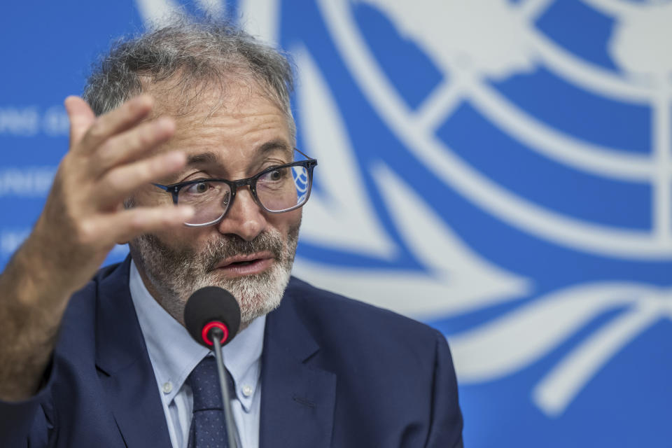 Vincent Cochetel, UNHCR special envoy for the Western & Central Mediterranean Situation, speaks about the launch of new UNHCR / IOM /MMC report on risks faced by refugees and migrants on the Central Mediterranean route during a press conference at the European headquarters of the United Nations in Geneva, Switzerland, Thursday, July 4, 2024. (Martial Trezzini/Keystone via AP)