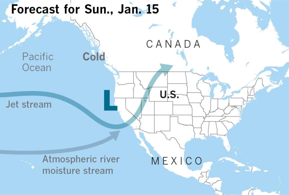 Map showing storm forecast for Sun., Jan. 15, 2023.