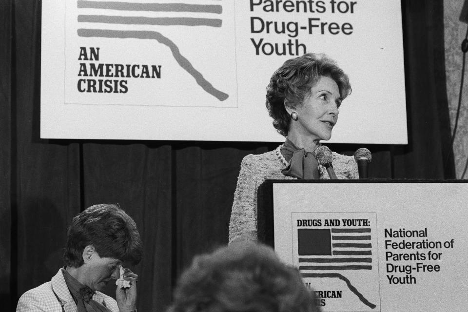 FILE - In this Oct. 11, 1982 file photo, first lady Nancy Reagan speaks at the first national conference of the National Federation of Parents for Drug-Free Youth in Washington. “Many people think drug prevention is ‘just say no,’ like Nancy Reagan did in the '80s, and we know that did not work,” said Becky Vance, CEO of the Texas-based agency Drug Prevention Resources, which has advocated for evidenced-based anti-drug and alcohol abuse education for more than 85 years. (AP Photo/Barry Thumma, File)