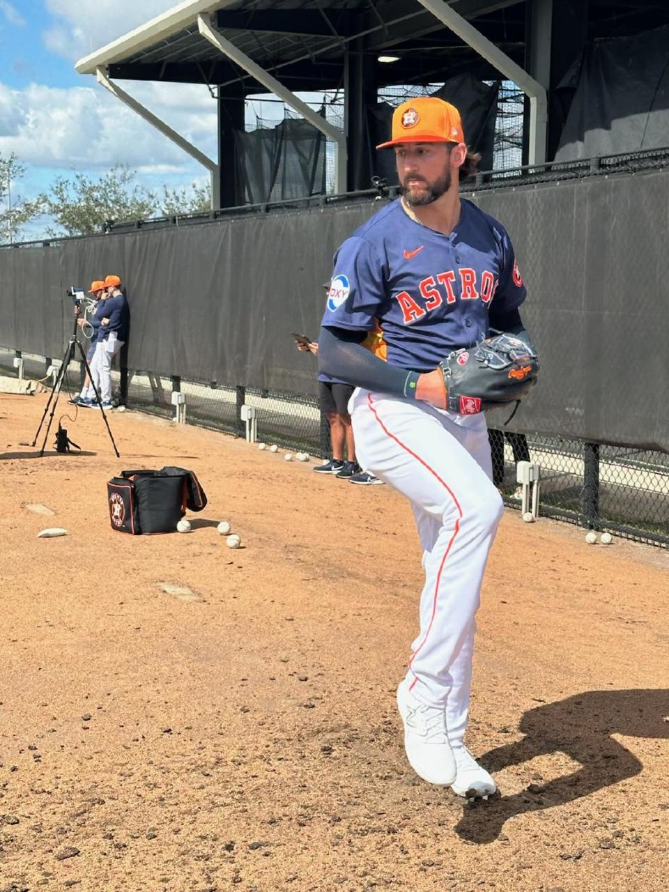 Benjamin grad Bennett Sousa throws a bullpen session with the Houston Astros at the Ballpark of the Palm Beaches in February 2024.