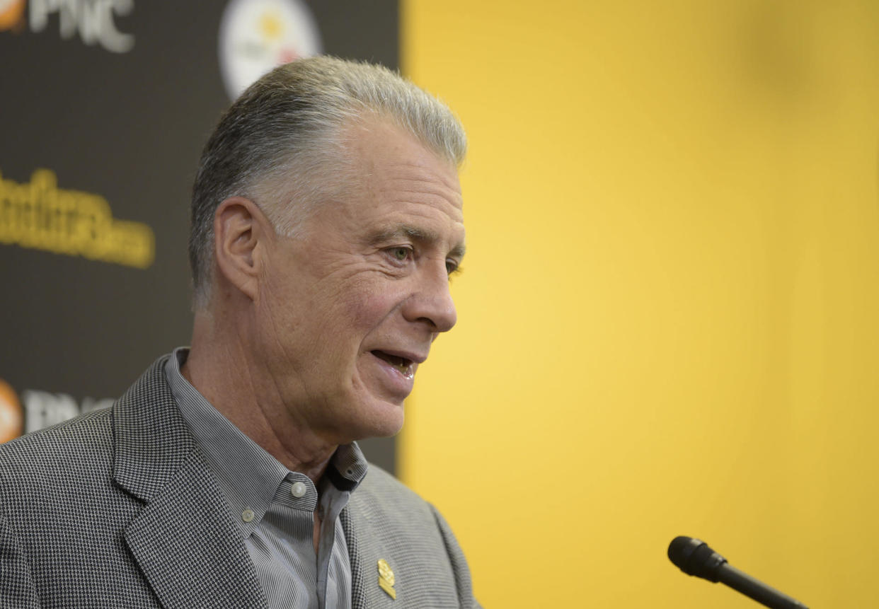 Pittsburgh Steelers' owner Art Rooney II introduces first-round NFL football draft pick Terrell Edmunds during a news conference at the team's headquarters in Pittsburgh, Friday, April 27, 2018. (AP Photo/Fred Vuich)