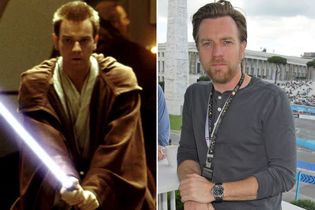 Everette Collection; David M. Benett/Dave Benett/Getty Images Ewan McGregor in character as Obi-Wan Kenobi in ‘Star Wars: Episode I — The Phantom Menace’; Ewan McGregor attending the ABB FIA Formula E GEOX Rome E-Prix on April 13, 2019, in Rome.