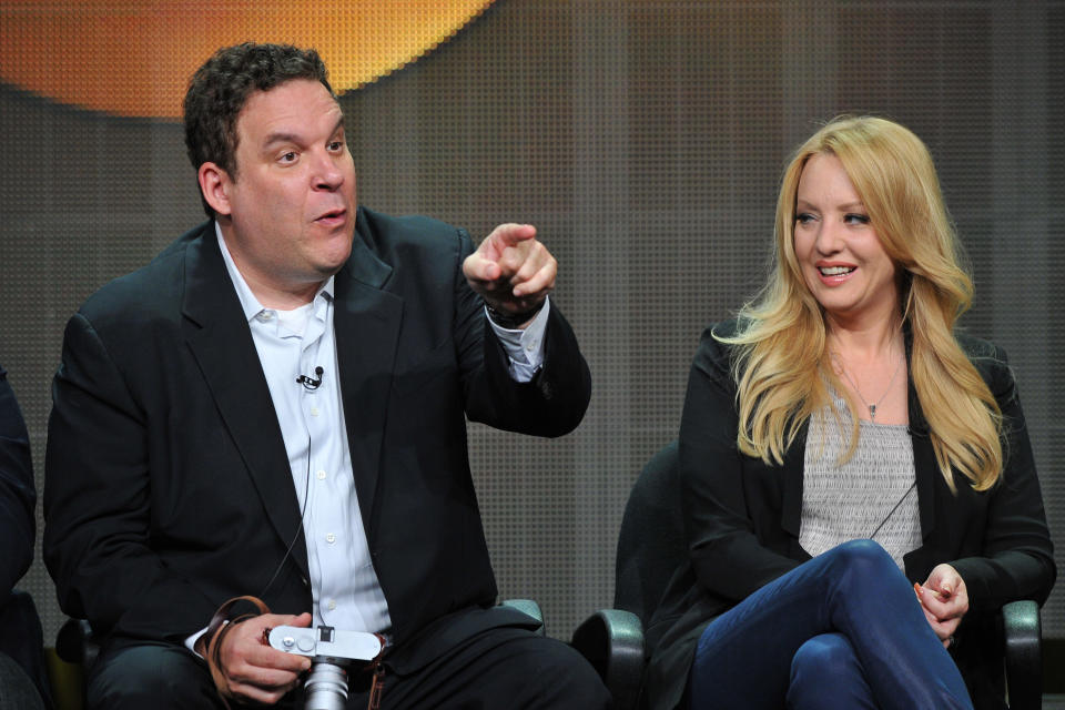 FILE - In this Aug. 4, 2013 file photo, actors Jeff Garlin, left, and Wendi McLendon-Covey attend the Disney/ABC Television Group's 2013 Summer TCA panel in Beverly Hills, Calif. (Photo by Vince Bucci/Invision/AP, File)