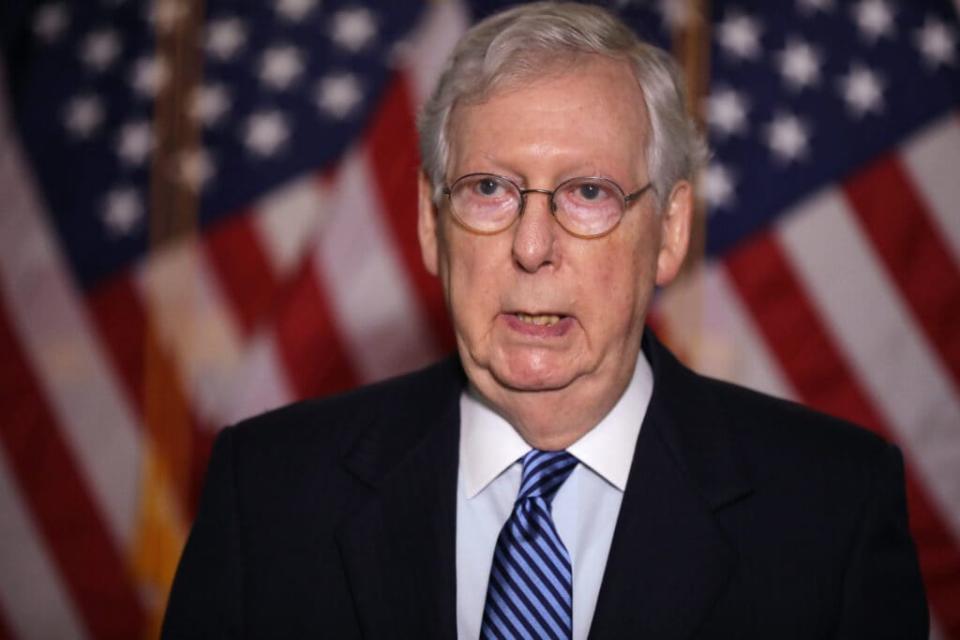 U.S. Senate Majority Leader Mitch McConnell (R-KY) talks to reporters following the weekly Republican policy luncheon in the Hart Senate Office Building on Capitol Hill September 15, 2020 in Washington, DC. (Photo by Chip Somodevilla/Getty Images)