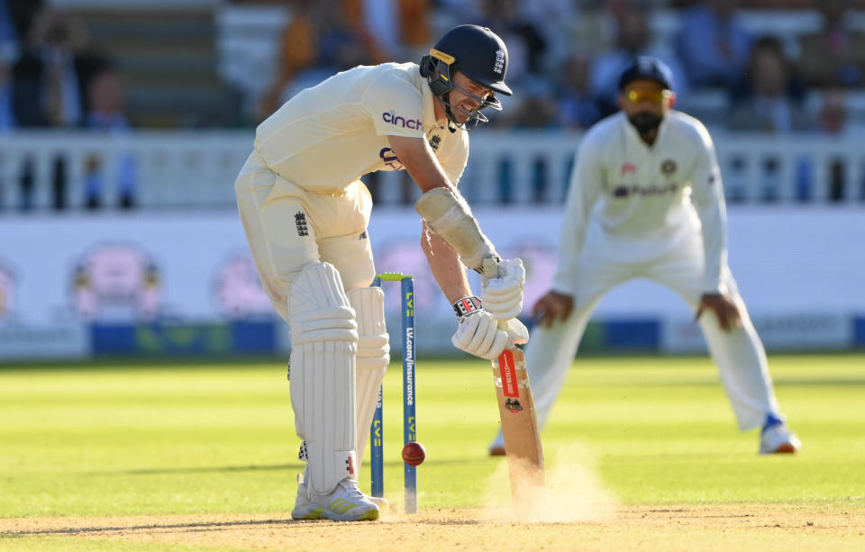 LONDON, ENGLAND - AUGUST 14: England batsman James Anderson digs out a yorker from Jasprit Bumrah during day three of the Second Test Match between England and  India at Lord's Cricket Ground on August 14, 2021 in London, England. (Photo by Stu Forster/Getty Images)