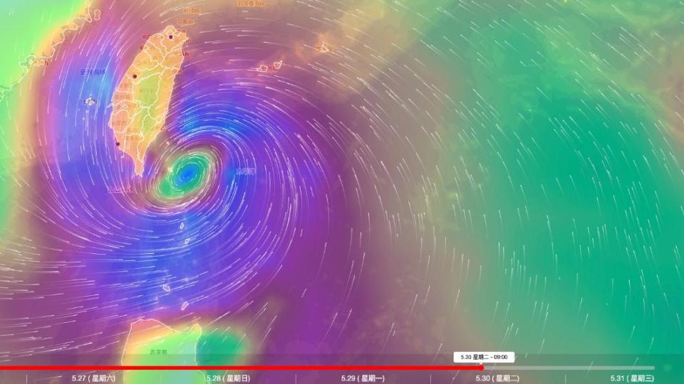 根據風場圖顯示，瑪娃颱風30日將逼近台灣。（圖／翻攝自windy）